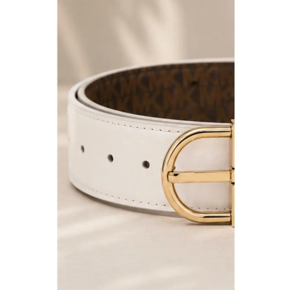 Michael Kors Reversible MK Logo Belt Brown Signature White Leather Gold XL